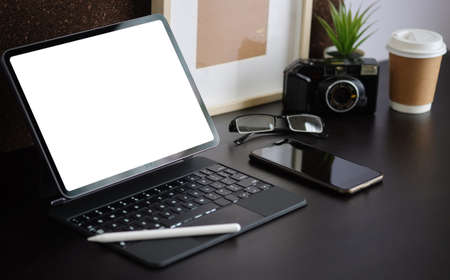 Workspace desk and laptop. copy space and blank screen. Business image, Blank screen laptop and supplies.の写真素材