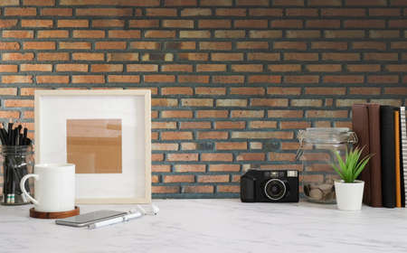Workspace Mock up decorations and copy space on white table with white wall.の写真素材