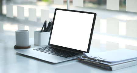 Workspace desk and laptop. copy space and blank screen. Business image, Blank screen laptop and...