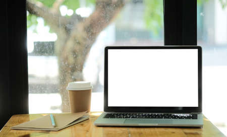 Workspace desk and laptop.Business image, Blank screen laptop and supplies.の写真素材