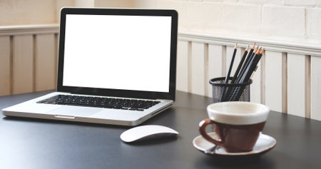 Mock up Copy Space Blank Screen workspace with computer laptop on table.の写真素材