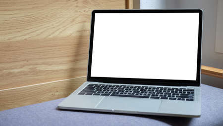 Modern workspace with computer with blank screen and equipment on white table.Blank screen for your information.の写真素材