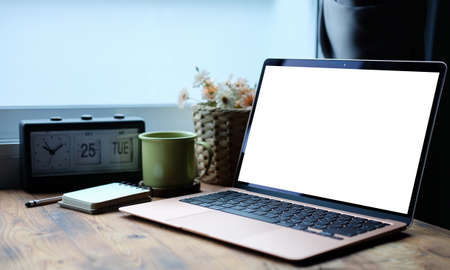 Computer laptop, coffee cup, notebook and houseplant on wooden table.