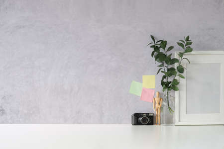 Empty picture frame, houseplant and camera on white table.の写真素材