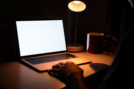 Young man working with computer laptop at night.の写真素材