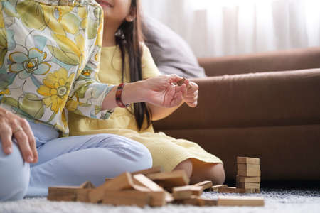 Asian child playing wooden blocks with senior grandmother in living room, spending happy time on...
