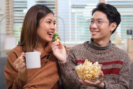 Happy young couple eating popcorn while sitting on a couch r and watching movie.の写真素材