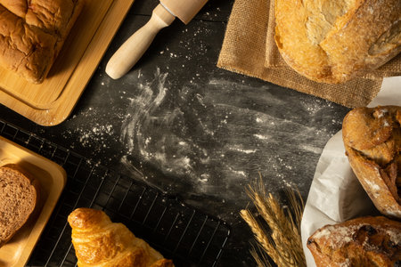 Assortment of freshly baked bread on black rustic background. Copy space for your text.