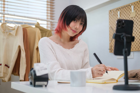 Beautiful stylish woman online seller taking online orders, working at home office office. online shopping,  and e-commerce concept.の写真素材