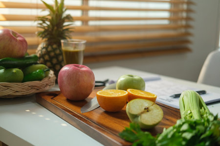 Fresh fruits, vegetables and diet plan paper on white table. Dieting, healthy lifestyle and right nutrition concept.の写真素材