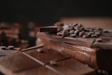 Macro photo of pieces of chocolate bar with chocolate chips.