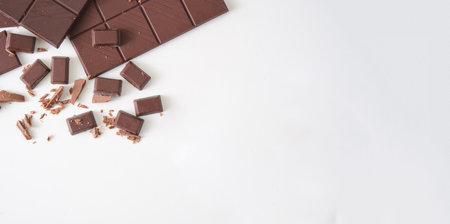 Chocolate bar pieces, chunks of broken chocolate on white background. Top view with copy space.の写真素材