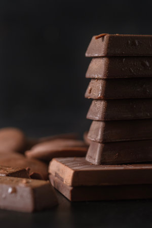 Stack of milk chocolate on dark background. Dessert food background.