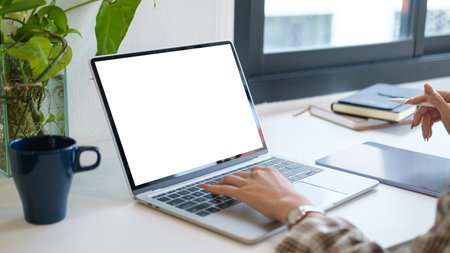 Focused businesswoman using laptop computer at bright modern office.の写真素材