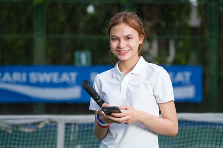Smiling young female tennis player standing on court using smartphone during break in training.の写真素材