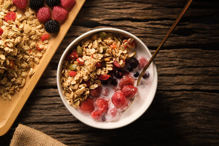 Healthy breakfast. Crunchy oat granola with fresh milk and berries in a white bowl on wooden background.  Dieting and weight loss concept.の写真素材