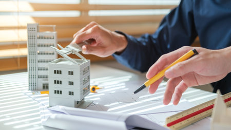Close up architect hands working on a construction project and examining residential model at meeting.の写真素材