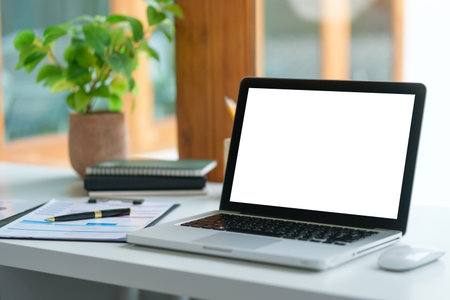 Comfortable home office. Laptop computer, stationery and potted plant on white table.の写真素材