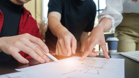 Cropped shot of interior designers team working in office with color palette colors for building.の写真素材