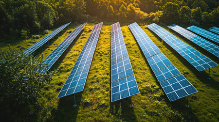 Solar panel rows in green fields with sun lighting to create the clean electric power. Renewable energies concept.の素材
