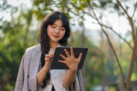 Charming young businesswoman using digital tablet while sitting on bench in the city park.の写真素材