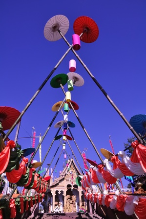 Walkway to the Temple have camber bamboo above the stairs at Wat BanMo Maerim Chiangmai Thailandの写真素材