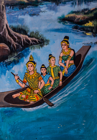 KHONKAEN THAILAND FEBRUARY 25: Unidentified Painter paint man with family oar the boat in the river on window panel  at Nongwang Temple on February 25,2017 Khonkaen Thailand.のeditorial素材