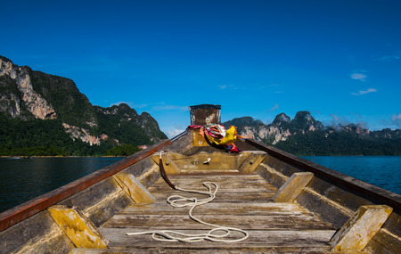 Mountain view from long tail boat inside ratchaprapa dam , khao sok national park in surat...