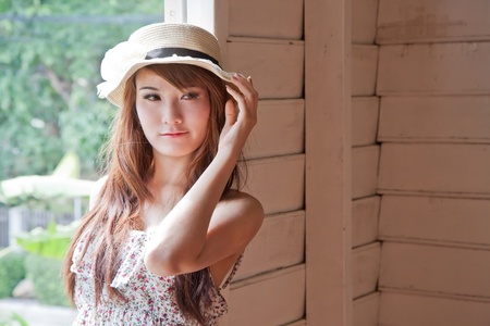 Beautiful asian woman of alone emotion in modern vintage conceptの写真素材
