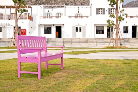 Pink wood chair on the green grassの写真素材