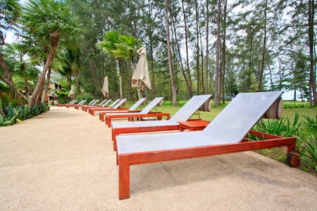 Sun chair beside the gardenの写真素材