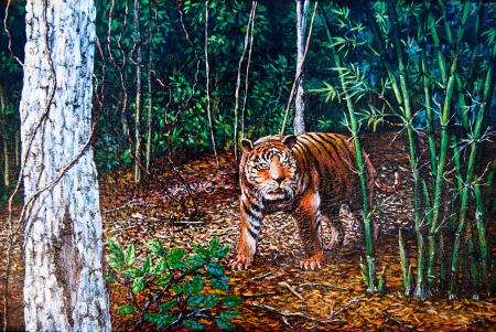 Tiger in the forest of oil paintingの写真素材