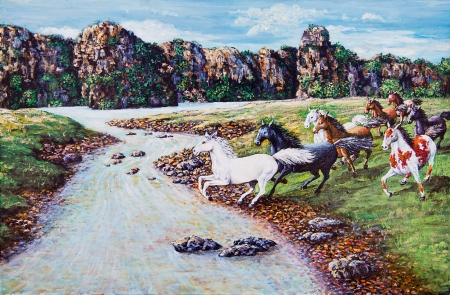 Horse crossing the river of oil paintingの写真素材