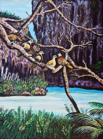 Wildlife of the bird on the tree by oil paintingの写真素材