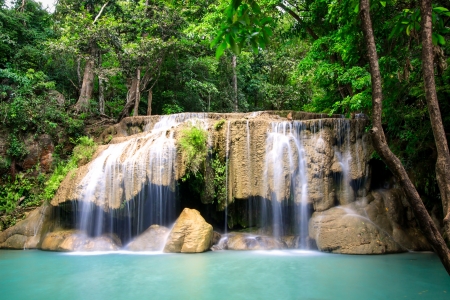 Erawan waterfall on 2nd floors in Kanchanaburi, Thailandの写真素材