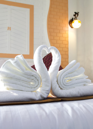 swans made from towels in the hotelの写真素材