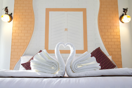 swans made from towels in the hotelの写真素材