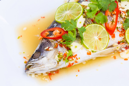 Steamed fish, Chinese style steamed fish in spicy sauceの写真素材