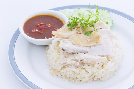 Steamed chicken with rice and spicy sauceの写真素材