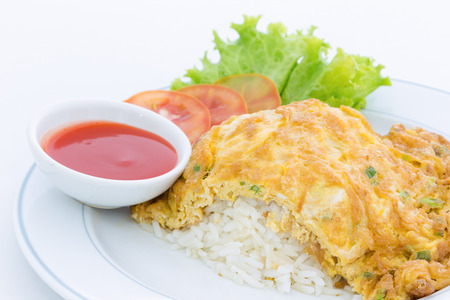 Pork omelet with Vegetable & Thai jasmine riceの写真素材