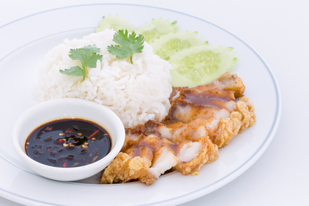 Chinese roasted pork served with soy sauce. Fresh cooked with hot steam riceの写真素材