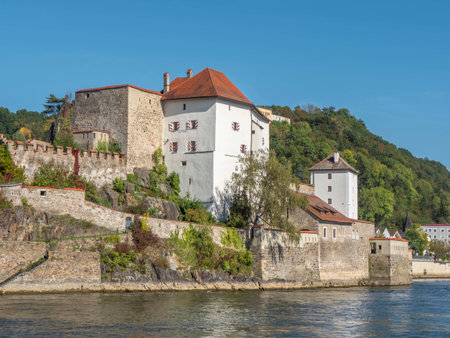 View from a lookout above the Danube river on a nice summer day looking at the historic Castle of Passau in Bavaria, Germanyのeditorial素材