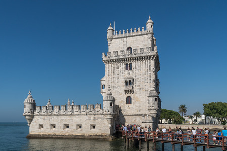 Belem Tower on the Tagus river, famous city landmark in Lisbon, Portugal.のeditorial素材