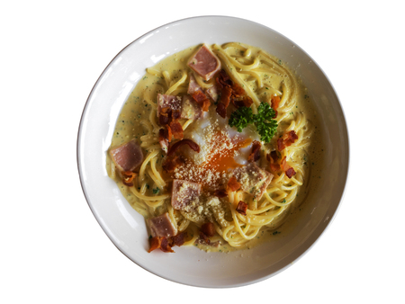Spaghetti Carbonara with isolated clipping pathの写真素材