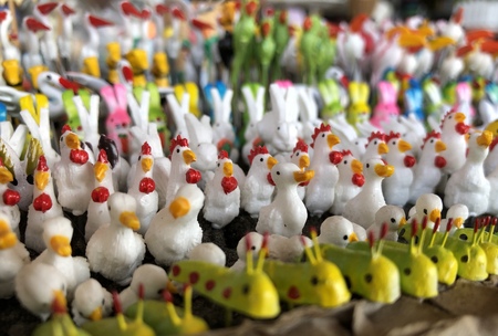 Clay Ceramic Nested Dolls for Decoration Garden, Blur background.の写真素材