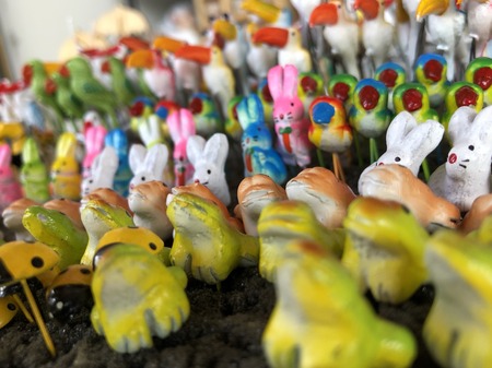 Clay Ceramic Nested Dolls for Decoration Garden, Blur background.の写真素材