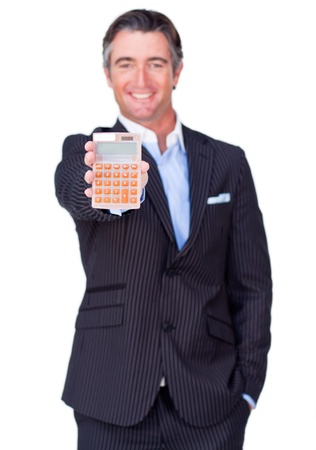 Attractive businessman holding a calculator の写真素材