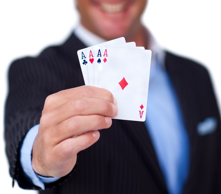 A businessman holding a white card 