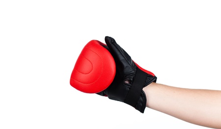 isolated shot of a man wearing boxing gloves の写真素材