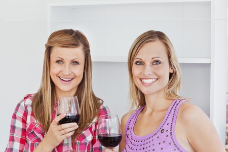 Bright female friends standing in the kitchen 